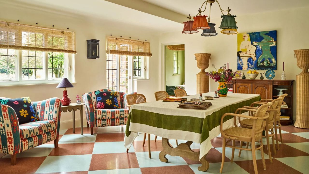 Cheerful Sussex dining room with checkered floors, patterned accent chairs, wooden furniture, and colorful accents by Studio Hollond
