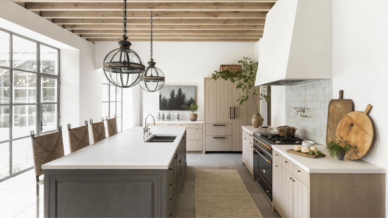 A wood and mushroom colored kitchen