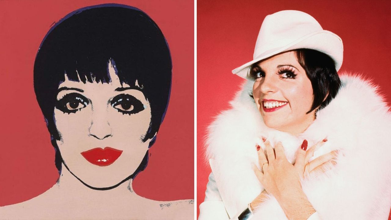 a warhol painting of liza minnelli next to a picture of liza in a white hat and fur